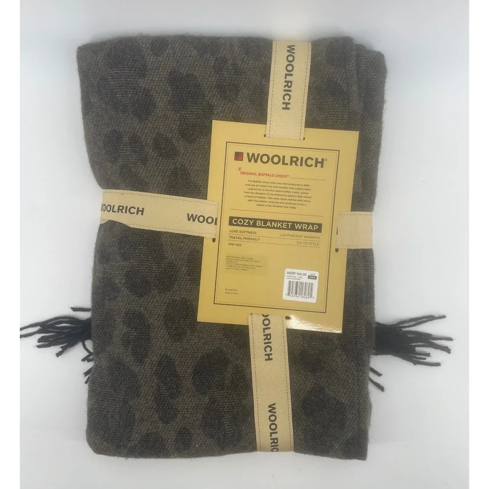 Woolrich Blanket Wrap Women Lana Leopard Olive Black Animal Print Fringe NWT